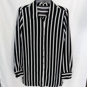 Women's Striped Button Down Tunic Top | Size Large | Black & White| Silky Feel